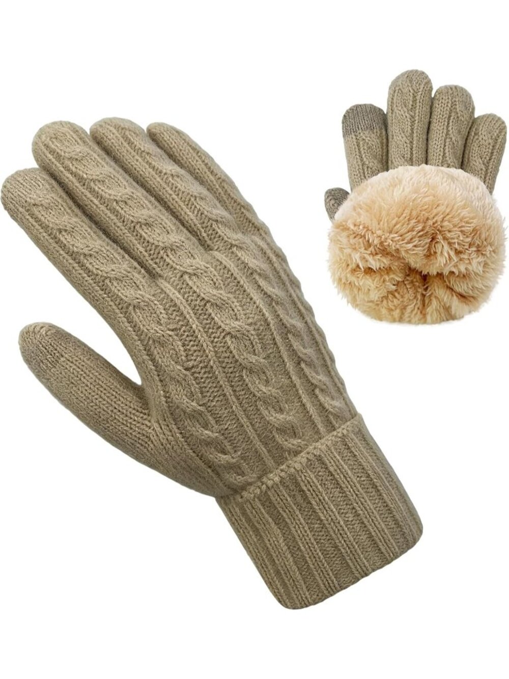 Women's Khaki Touch Screen Folding Cuffs Thermal Fleece Elastic Knit Warm Gloves